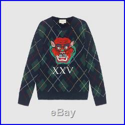 New Gucci Dragon-Appliqué Argyle-Intarsia Wool Sweater in Navy Medium