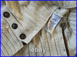 New Polo Ralph Lauren Cream 100% Cotton Cable Knit Leather Trim Button Sweater M