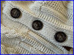 New Polo Ralph Lauren Cream 100% Cotton Cable Knit Leather Trim Button Sweater M