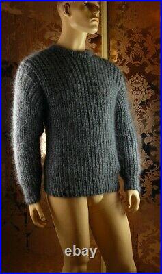 Not Brushed Mohair Handmade Ribbed Gray Crewneck Pullover Sweater Jumper size M