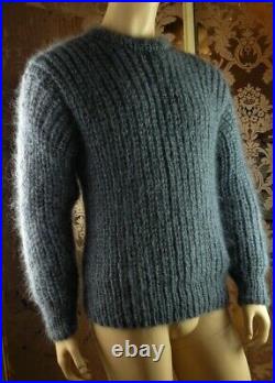 Not Brushed Mohair Handmade Ribbed Gray Crewneck Pullover Sweater Jumper size M