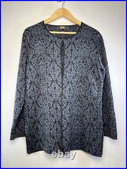 OLEANA Floral 75%Wool 25%Silk Blend Black and Blue Cardigan Sweater Size M