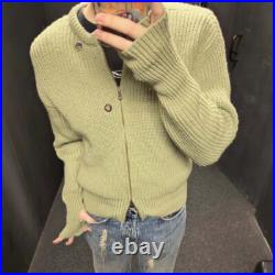 OLY Wool Matcha Green Round Neck Zipper Sweater Casual Loose Knit Sweater
