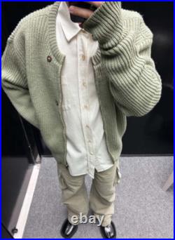 OLY Wool Matcha Green Round Neck Zipper Sweater Casual Loose Knit Sweater