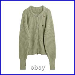 OLY Wool Matcha Green Round Neck Zipper Sweater Casual Loose Knit Sweater
