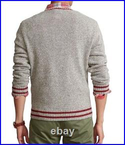POLO RALPH LAUREN Grey Marled USA Flag Wool Linen Blend Jumper Sweater, Medium