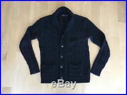POLO RALPH LAUREN RRL Black Indigo Shawl Collar Aran Cable Knit Cardigan Sweater