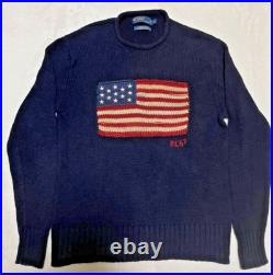 POLO Ralph Lauren Flag Knit Sweater Navy Size M USA Flag Pullover Cotton Linen