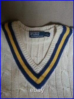 POLO Ralph Lauren Luxury cable Knit Cricket Sweater Vest Ivory Navy Gold Medium