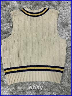 POLO Ralph Lauren Luxury cable Knit Cricket Sweater Vest Ivory Navy Gold Medium