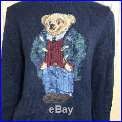 POLO Ralph Lauren Women Medium Sweater Iconic Teddy Bear Toggle Navy Blue Knit