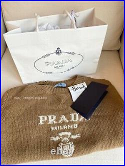PRADA Cashmere & wool logo INTARSIA crew-neck sweater knit jumper BEIGE M