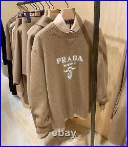 PRADA Cashmere & wool logo INTARSIA crew-neck sweater knit jumper BEIGE M