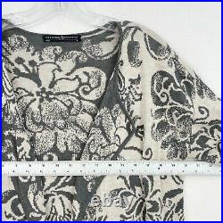 Peruvian Connection Floral Print Duster Open Cardigan Sweater Medium Gray White