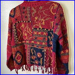 Peruvian Connection Sweater Pima Cotton Fringe Hem Knit Art To Wear Pullover