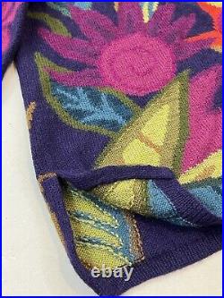 Peruvian Connection Sz M Purple Floral Art-to-Wear Pullover Alpaca Sweater