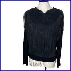 Pioneer Wear Vintage Womens Sweater Black Size Medium Suede Fringe Western Knit