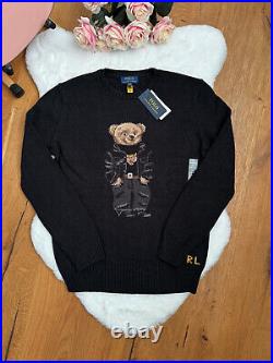 Polo RALPH LAUREN BEAR JUMPER Teddy Tiger Black Sweater Biker size S M RARE