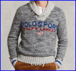Polo RALPH LAUREN SPORTS JUMPER Wool Shawl Alpaca Grey Collar Sweater M Medium