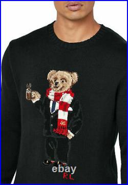Polo Ralph Lauren Black Cotton Hot Cocoa Holiday Scarf Bear Sweater New $398
