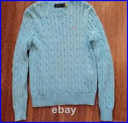 Polo Ralph Lauren Blue Cable Knit Sweater M 100% Cotton Pink Logo New