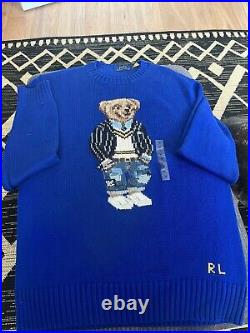 Polo Ralph Lauren Blue Teddy Bear wool Knit Jumper Sweater Size Medium