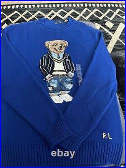 Polo Ralph Lauren Blue Teddy Bear wool Knit Jumper Sweater Size Medium