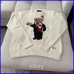 Polo Ralph Lauren Cream Cotton Hot Cocoa Holiday Teddy Bear Sweater Size M Ecru