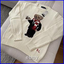 Polo Ralph Lauren Cream Cotton Hot Cocoa Holiday Teddy Bear Sweater Size M Ecru