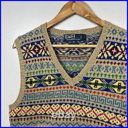 Polo Ralph Lauren Knit Jumper Sweater Vest Fair Isle Linen Cashmere, Mens Medium