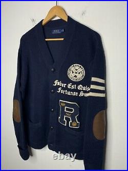 Polo Ralph Lauren Medium Iconic Letterman Sweater Cardigan Leather VTG Rugby RRL