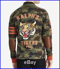 Polo Ralph Lauren Men Military Army Camo Tigers Letterman Knit Sweater Cardigan