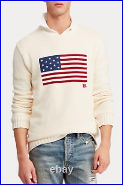 Polo Ralph Lauren Men's American Flag Cotton Sweater Cream NWT Free Shipping