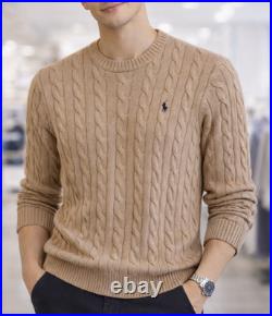 Polo Ralph Lauren Men's Cotton Cable Knit Crew Sweater Brown Navy Pony Size S-M