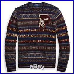 Polo Ralph Lauren Mens Fair Isle Wool Varsity Crew Patch Suede Letterman Sweater