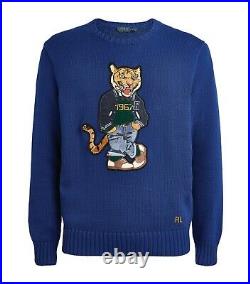 Polo Ralph Lauren Tiger Varsity Letterman Mens Knit Crewneck Sweater Blue NWT