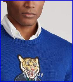 Polo Ralph Lauren Tiger Varsity Letterman Mens Knit Crewneck Sweater Blue NWT