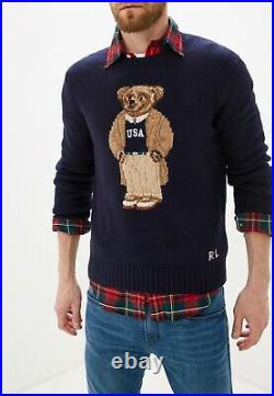 Polo Ralph Lauren USA Collegiate Bear Sweater Navy Men's Size M Intarsia Knit
