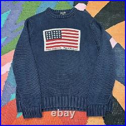 Polo Ralph Lauren USA Flag Jumper Cable Knit Sweater, 100% Cotton, Mens Medium