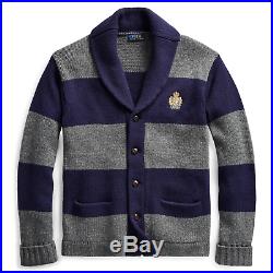 Polo Ralph Lauren Vtg Retro 100% Wool Crest Preppy Rugby Knit Sweater Cardigan