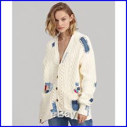Polo Ralph Lauren Women Repaired Patchwork Boyfriend Cable Knit Sweater Cardigan