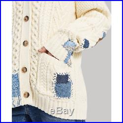 Polo Ralph Lauren Women Repaired Patchwork Boyfriend Cable Knit Sweater Cardigan