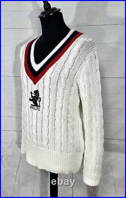 Polo Ralph Lauren chunky cable knit v neck cricket sportsman jumper sweater M