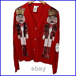 Queen of Sparkles Sweater Womens Medium Cardigan Red NUTCRACKER LEOPARD NEW