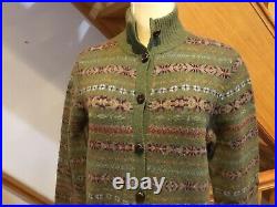 RALPH LAUREN Nordic Fair Isle 100% Wool Cardigan Sweater Leather Buttons SIZE M