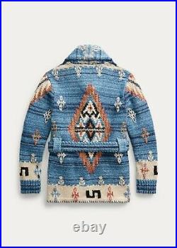 RRL Ralph Lauren Hand Knit Wool Blue Indigo Ranch Belt Cardigan Men's M Medium