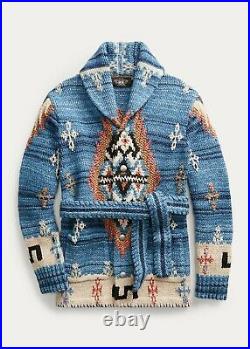 RRL Ralph Lauren Hand Knit Wool Blue Indigo Ranch Belt Cardigan Men's S Small
