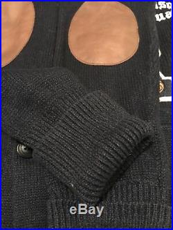 Ralph Lauren Collegiate Cardigan Sweater & Leather Patches NAVY Sz Medium New