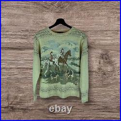 Ralph Lauren Equestrian Fox Hunt Scene Hand Knit Sweater Jumper Beige Medium