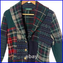 Ralph Lauren Lambswool Patchwork Cardigan Sweater Womens M Plaid Fair Isle